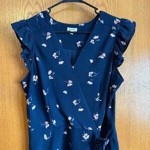 Navy & Pink Flowers Faux Wrap Shirt